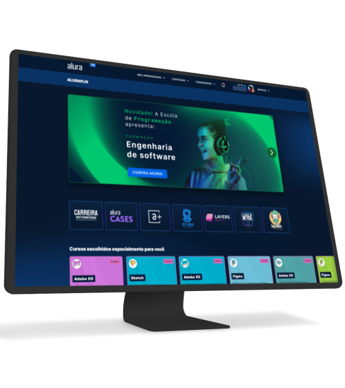 Um monitor e um celular com Alura PLus aberto